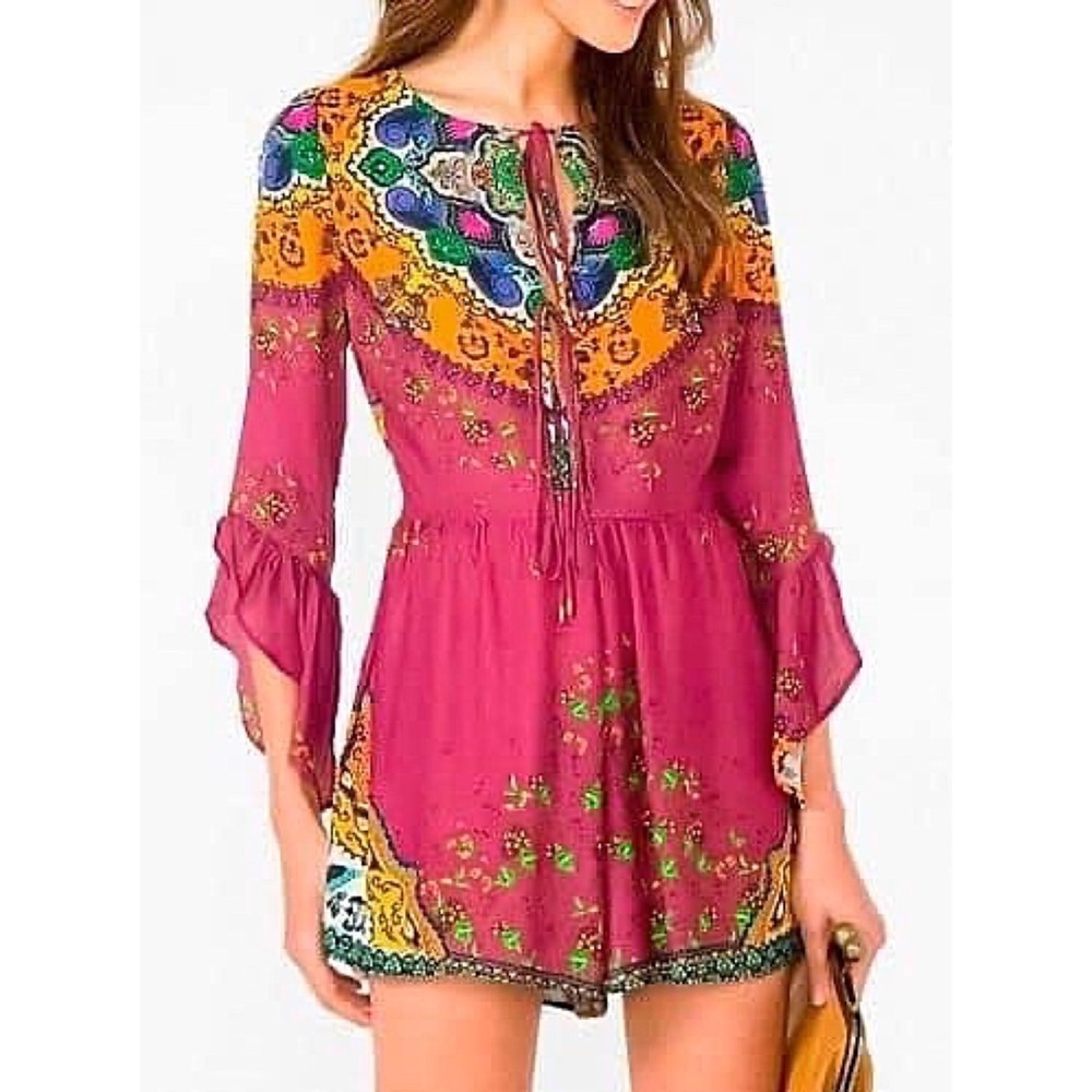 Farm Rio romper burgundy Anthropologie boho floral ruffle sleeves